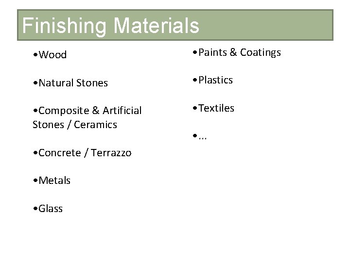 Finishing Materials • Wood • Paints & Coatings • Natural Stones • Plastics •