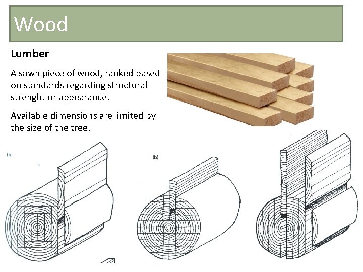 Wood Lumber A sawn piece of wood, ranked based on standards regarding structural strenght