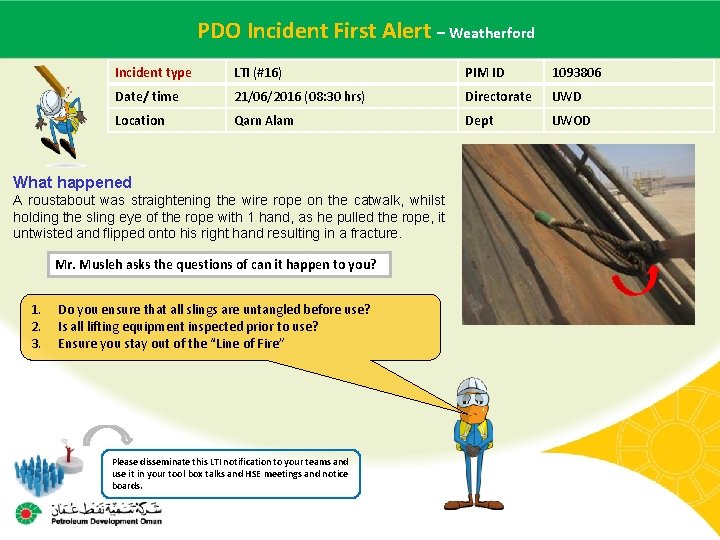 PDO Incident Alert – Weatherford Main contractor name – LTI#First - Date of incident