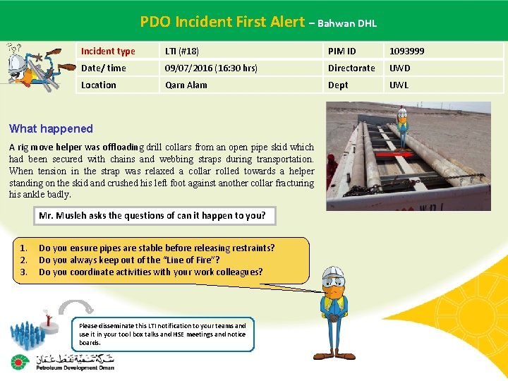 PDO Incident Alert – Bahwan DHL Main contractor name – LTI#First - Date of