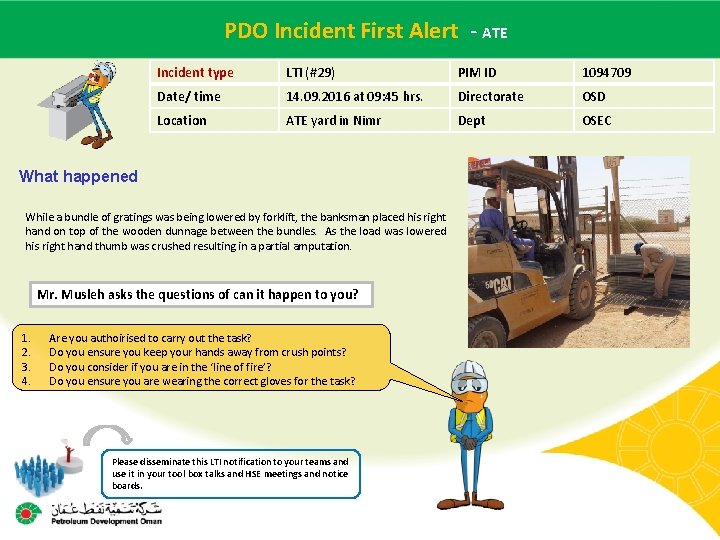 PDO Incident First of Alert - ATE Main contractor name – LTI# - Date