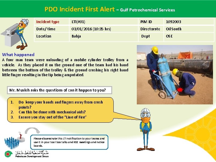 PDO Incident – Gulf Petrochemical Services Main contractor name –First LTI#Alert - Date of