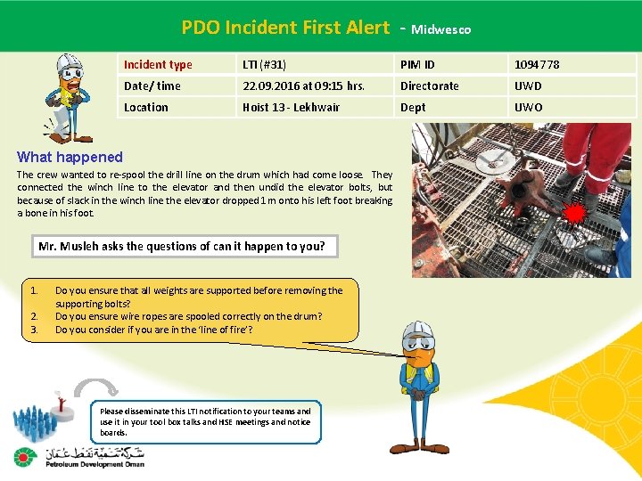 PDO Incident Alert - Midwesco Main contractor name – LTI# First - Date of