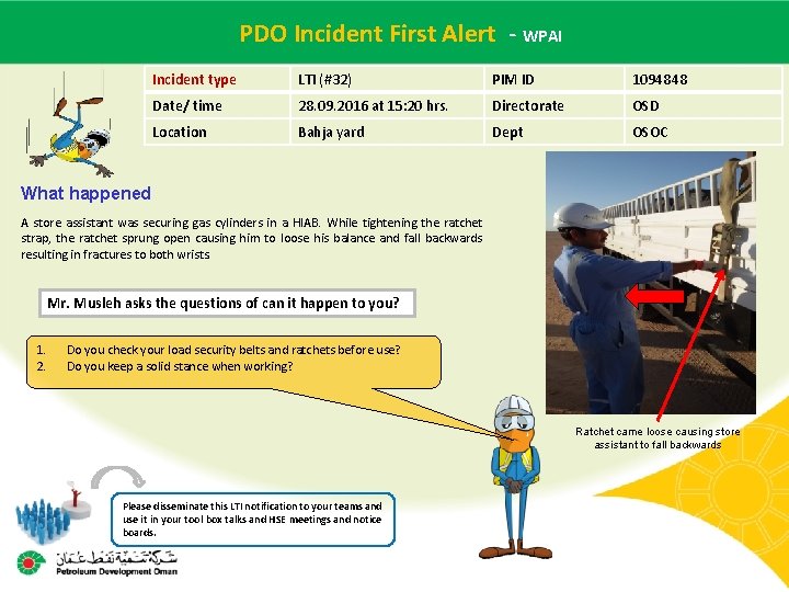 - WPAI Main contractor PDO name. Incident – LTI# - First Date Alert of