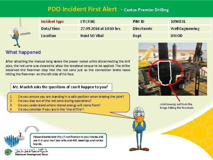 PDO Incident First -Alert - Cactus Premier Drilling Main contractor name – LTI# Date