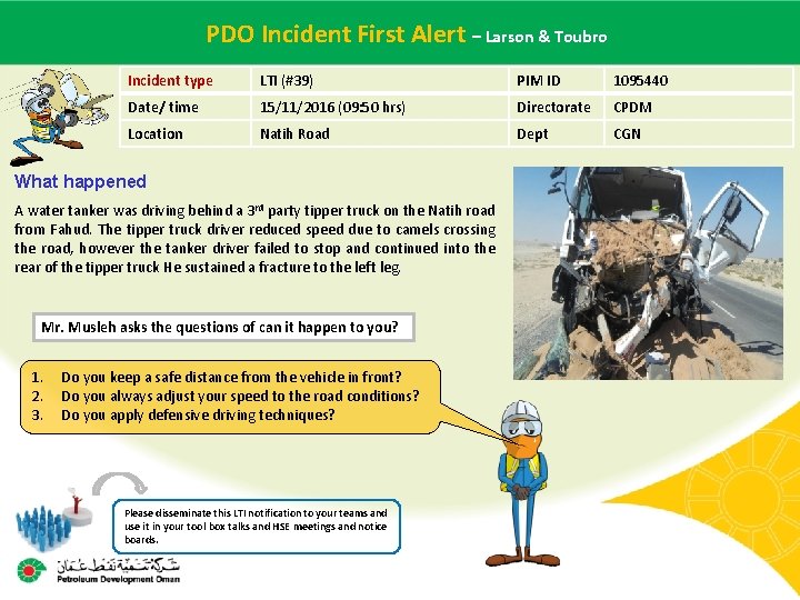 PDOname Incident First Alert Larson & Toubro Main contractor – LTI# - Date of