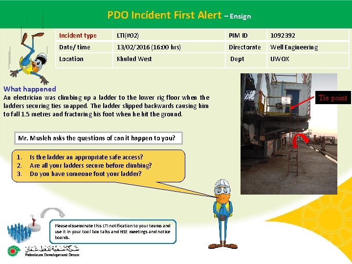 – Ensign Main contractor PDO name. Incident – LTI# - First Date Alert of