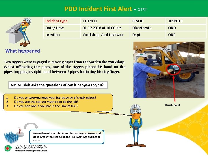  PDO Incident First of Alert – STST Main contractor name – LTI# -