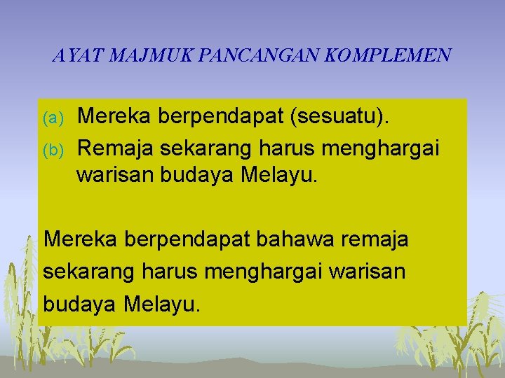 AYAT MAJMUK PANCANGAN KOMPLEMEN (a) (b) Mereka berpendapat (sesuatu). Remaja sekarang harus menghargai warisan