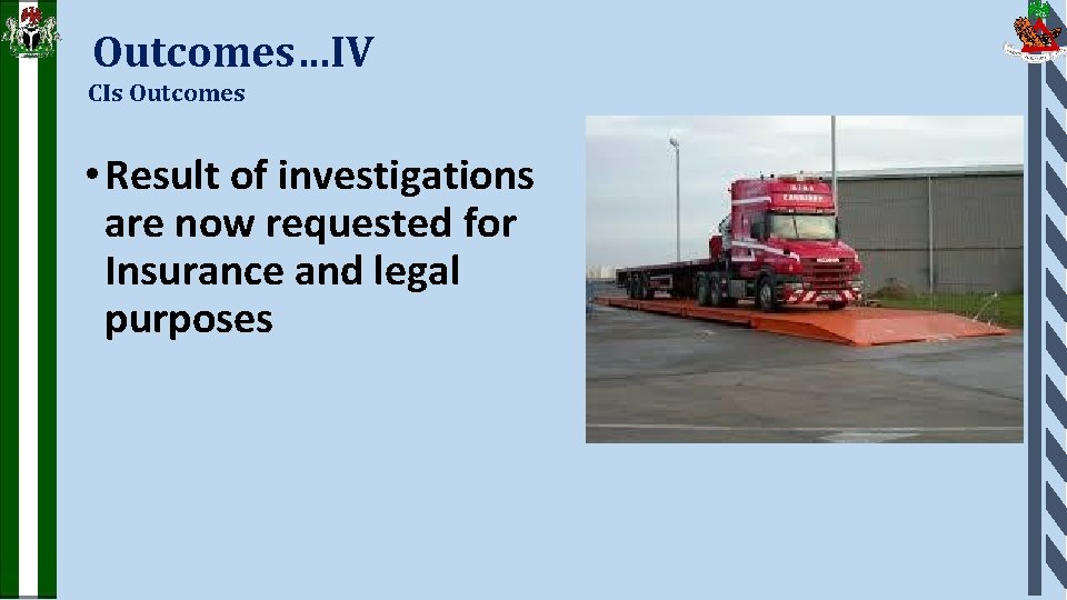 Outcomes…IV CIs Outcomes • Result of investigations are now requested for Insurance and legal