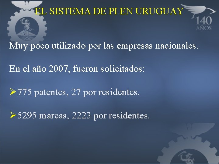 EL SISTEMA DE PI EN URUGUAY Muy poco utilizado por las empresas nacionales. En