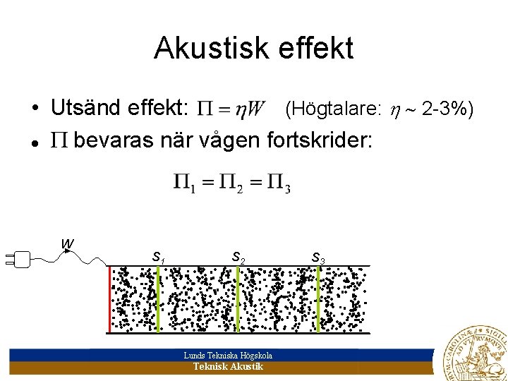 Akustisk effekt • Utsänd effekt: (Högtalare: 2 -3%) bevaras när vågen fortskrider: W S