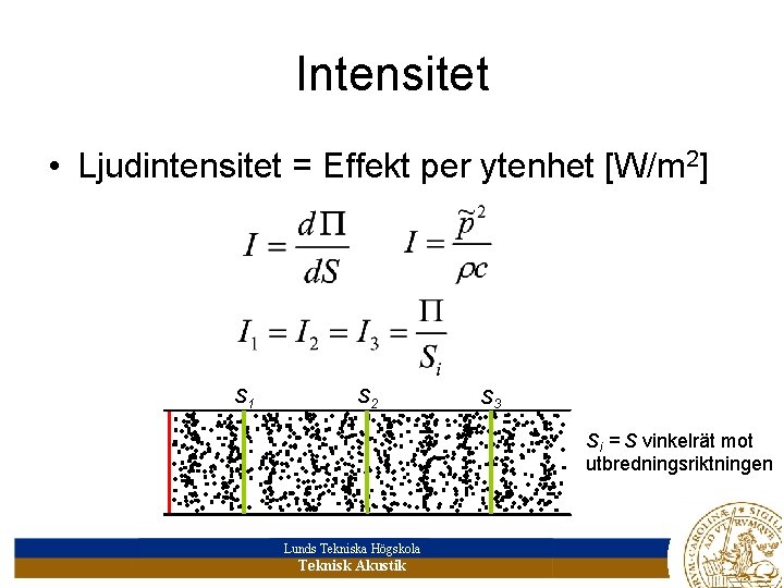 Intensitet • Ljudintensitet = Effekt per ytenhet [W/m 2] S 1 S 2 S