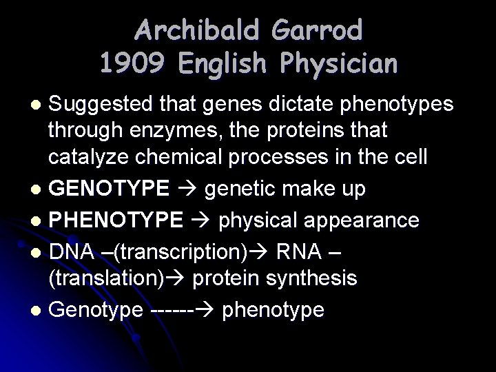 Archibald Garrod 1909 English Physician Suggested that genes dictate phenotypes through enzymes, the proteins