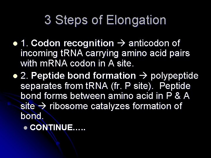 3 Steps of Elongation 1. Codon recognition anticodon of incoming t. RNA carrying amino