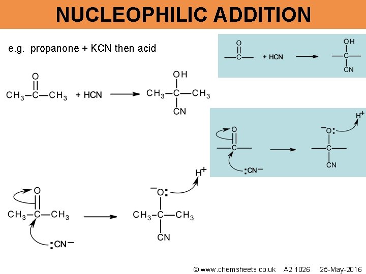 NUCLEOPHILIC ADDITION e. g. propanone + KCN then acid © www. chemsheets. co. uk