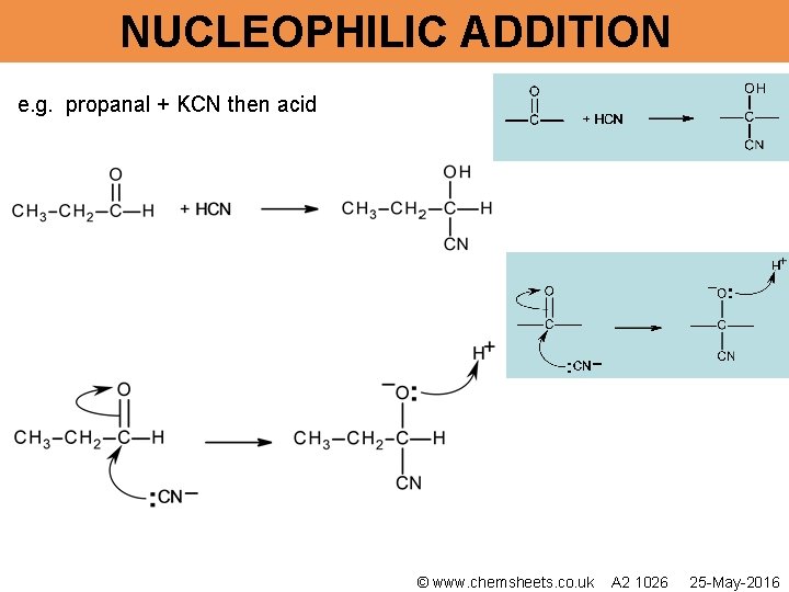 NUCLEOPHILIC ADDITION e. g. propanal + KCN then acid © www. chemsheets. co. uk