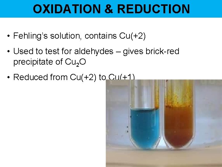 OXIDATION & REDUCTION • Fehling’s solution, contains Cu(+2) • Used to test for aldehydes