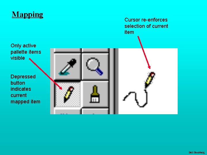 Mapping Cursor re-enforces selection of current item Only active pallette items visible Depressed button Mapping Cursor re-enforces selection of current item Only active pallette items visible Depressed button