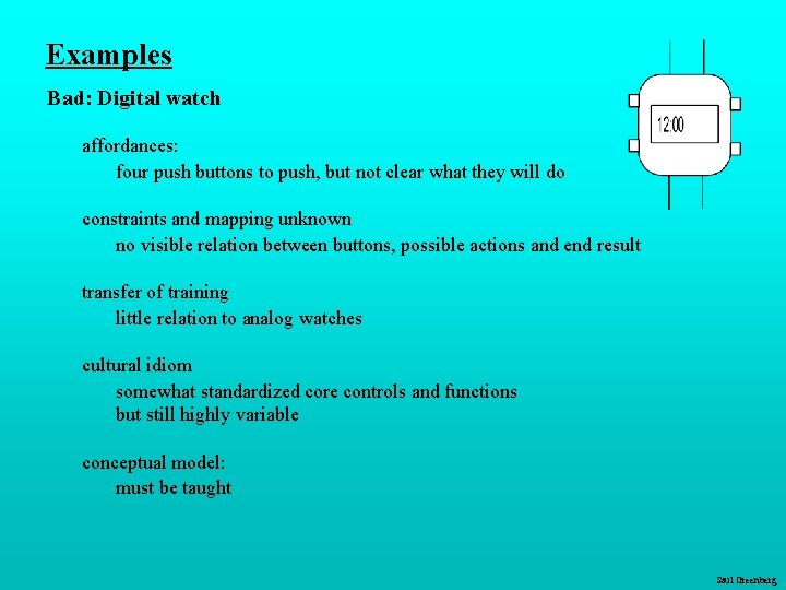 Examples Bad: Digital watch affordances: four push buttons to push, but not clear what Examples Bad: Digital watch affordances: four push buttons to push, but not clear what