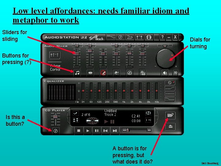 Low level affordances: needs familiar idiom and metaphor to work Sliders for sliding Dials Low level affordances: needs familiar idiom and metaphor to work Sliders for sliding Dials