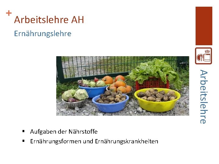 + Arbeitslehre AH Ernährungslehre Arbeitslehre § Aufgaben der Nährstoffe § Ernährungsformen und Ernährungskrankheiten + Arbeitslehre AH Ernährungslehre Arbeitslehre § Aufgaben der Nährstoffe § Ernährungsformen und Ernährungskrankheiten