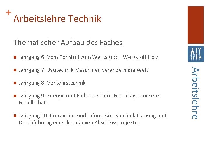 + Arbeitslehre Technik Thematischer Aufbau des Faches Jahrgang 6: Vom Rohstoff zum Werkstück – + Arbeitslehre Technik Thematischer Aufbau des Faches Jahrgang 6: Vom Rohstoff zum Werkstück –