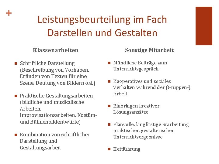 + Leistungsbeurteilung im Fach Darstellen und Gestalten Sonstige Mitarbeit Klassenarbeiten n Schriftliche Darstellung (Beschreibung + Leistungsbeurteilung im Fach Darstellen und Gestalten Sonstige Mitarbeit Klassenarbeiten n Schriftliche Darstellung (Beschreibung