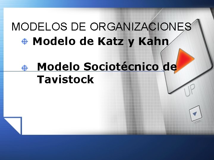 MODELOS DE ORGANIZACIONES Modelo de Katz y Kahn Modelo Sociotécnico de Tavistock MODELOS DE ORGANIZACIONES Modelo de Katz y Kahn Modelo Sociotécnico de Tavistock