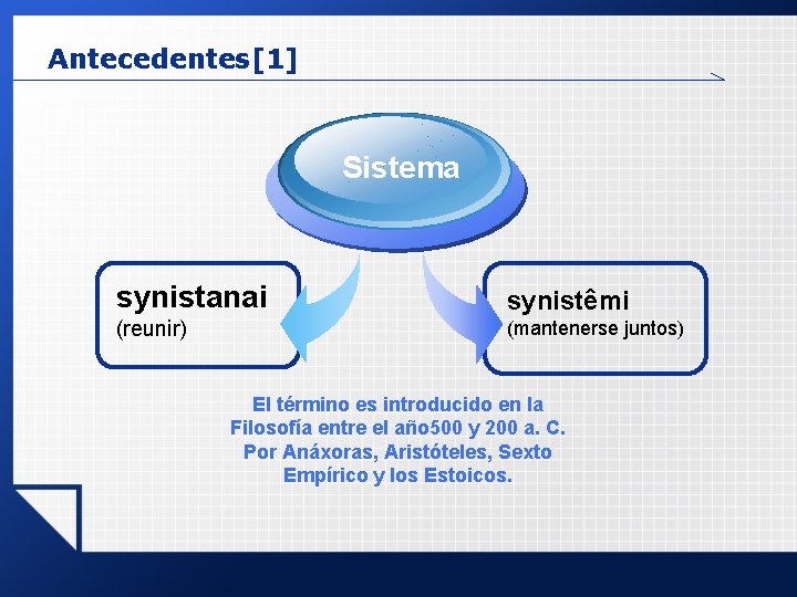 Antecedentes[1] Sistema synistanai synistêmi (reunir) (mantenerse juntos) El término es introducido en la Filosofía
