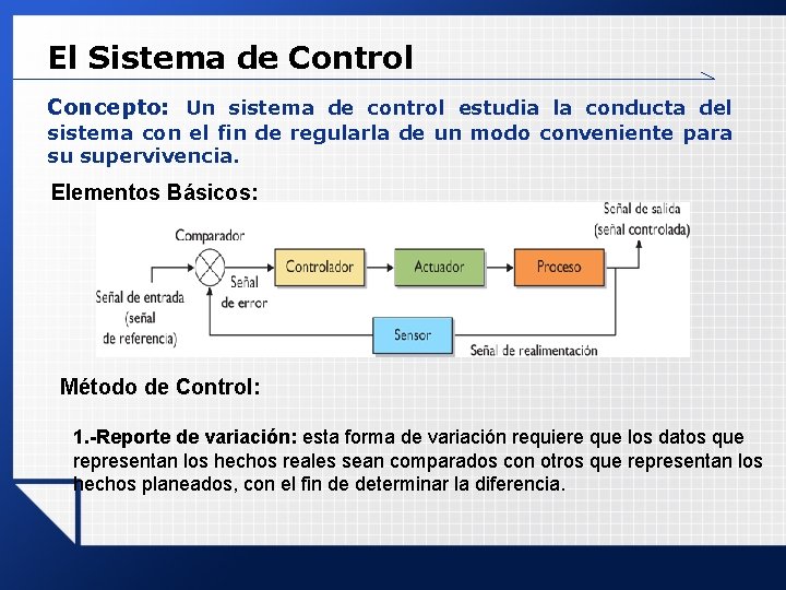 El Sistema de Control Concepto: Un sistema de control estudia la conducta del sistema El Sistema de Control Concepto: Un sistema de control estudia la conducta del sistema