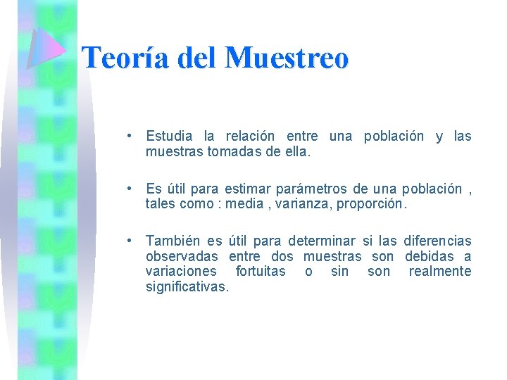 Teoría del Muestreo • Estudia la relación entre una población y las muestras tomadas