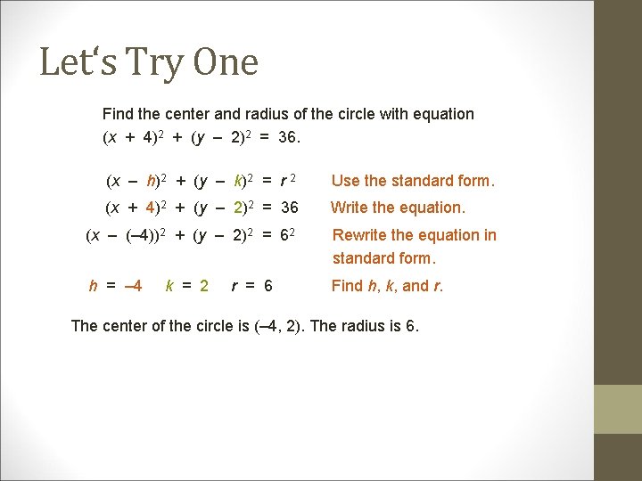 Let‘s Try One Find the center and radius of the circle with equation (x