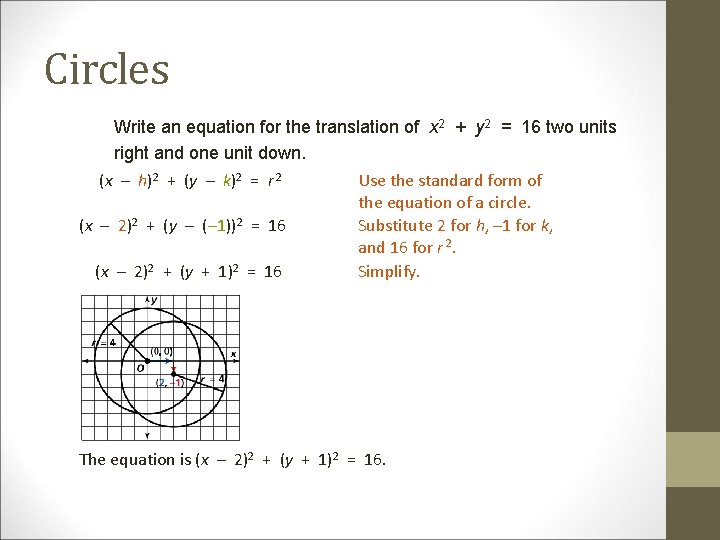 Circles Write an equation for the translation of x 2 + y 2 =