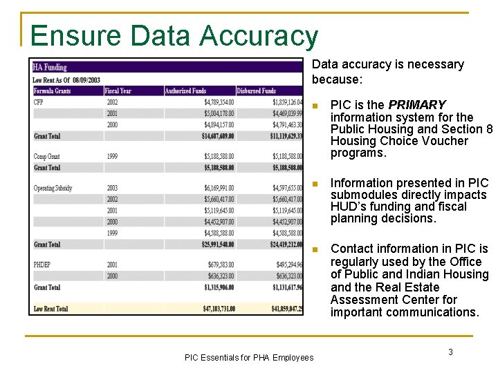 Ensure Data Accuracy Data accuracy is necessary because: n PIC is the PRIMARY information