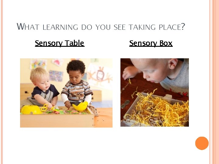 WHAT LEARNING DO YOU SEE TAKING PLACE? Sensory Table Sensory Box 