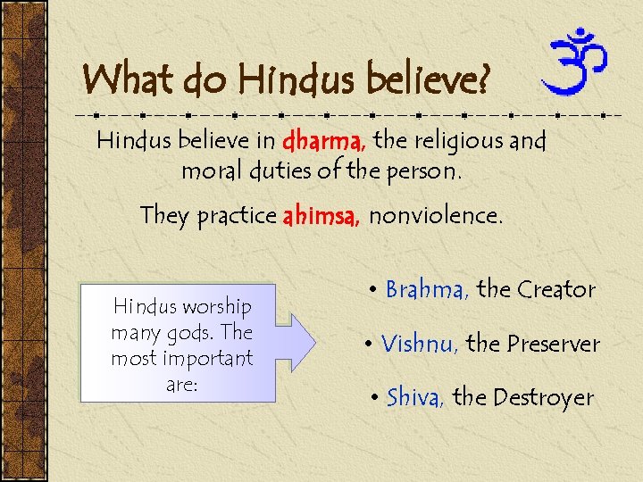 What do Hindus believe? Hindus believe in dharma, the religious and moral duties of
