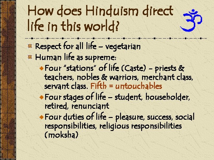How does Hinduism direct life in this world? Respect for all life – vegetarian