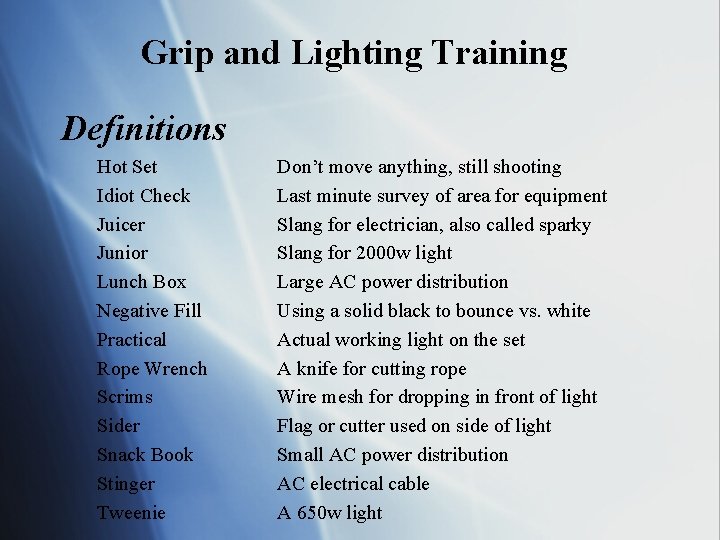 Grip and Lighting Training Definitions Hot Set Idiot Check Juicer Junior Lunch Box Negative