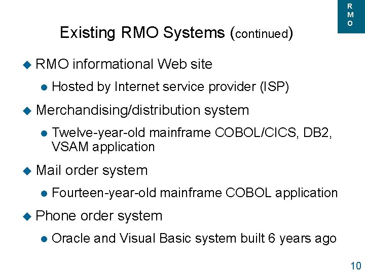 Existing RMO Systems (continued) u RMO l informational Web site Hosted by Internet service