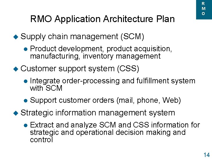 RMO Application Architecture Plan u Supply l chain management (SCM) Product development, product acquisition,