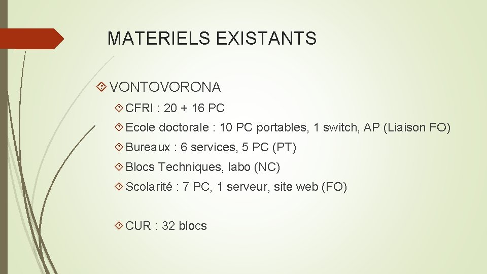 MATERIELS EXISTANTS VONTOVORONA CFRI : 20 + 16 PC Ecole doctorale : 10 PC