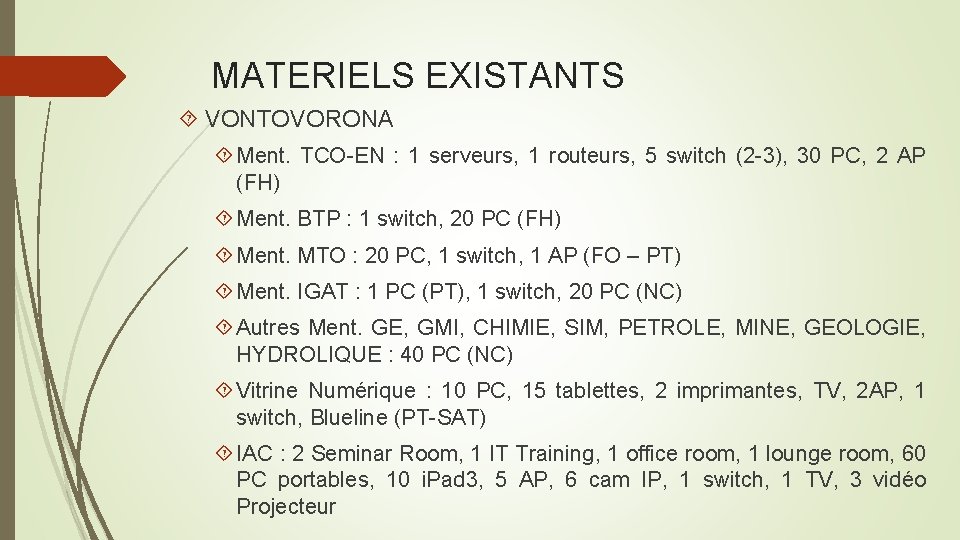 MATERIELS EXISTANTS VONTOVORONA Ment. TCO-EN : 1 serveurs, 1 routeurs, 5 switch (2 -3),