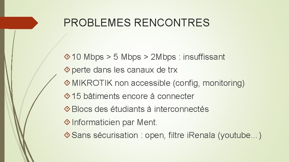 PROBLEMES RENCONTRES 10 Mbps > 5 Mbps > 2 Mbps : insuffissant perte dans