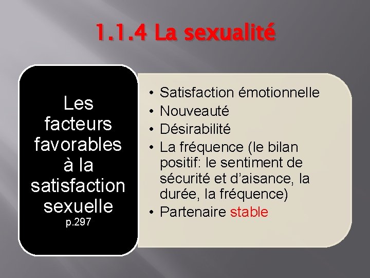 1. 1. 4 La sexualité Les facteurs favorables à la satisfaction sexuelle p. 297