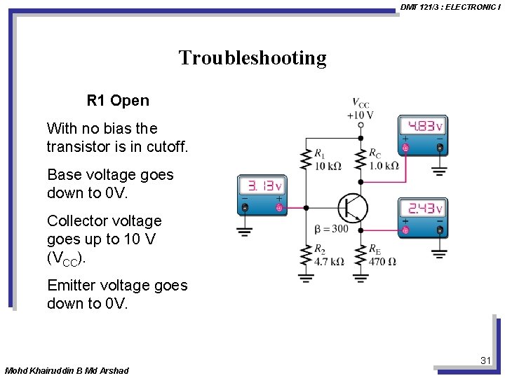 DMT 121/3 : ELECTRONIC I Troubleshooting R 1 Open With no bias the transistor
