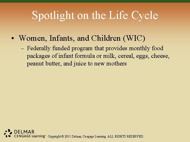 Spotlight on the Life Cycle • Women, Infants, and Children (WIC) – Federally funded