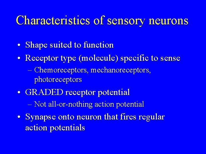 Characteristics of sensory neurons • Shape suited to function • Receptor type (molecule) specific