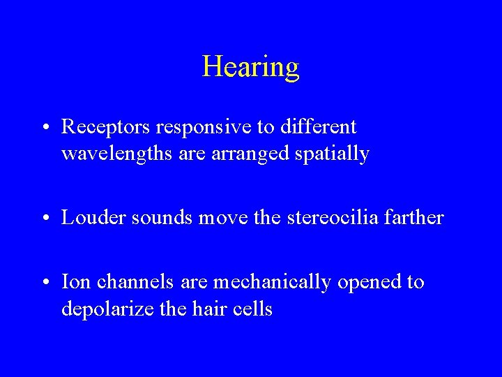 Hearing • Receptors responsive to different wavelengths are arranged spatially • Louder sounds move