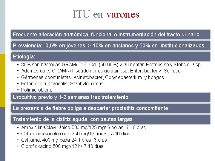 ITU en varones Frecuente alteración anatómica, funcional o instrumentación del tracto urinario Prevalencia: 0,